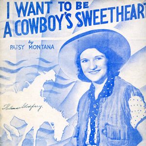 White woman in western clothing on white and blue sheet music cover