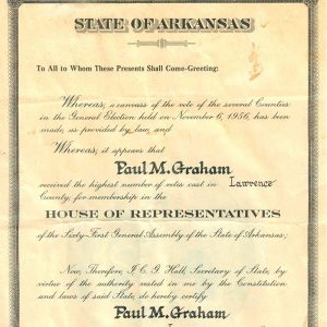 "State of Arkansas" diploma for Representative Paul M. Graham