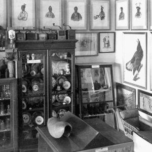 Cabinets filled with items and framed drawings of Native Americans and birds on the walls