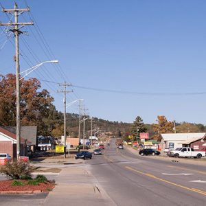 Single-story buildings on multilane street