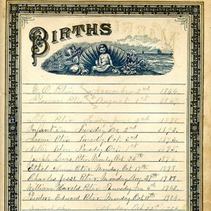 Signed "births" page with baby and clamshell illustration and a list of handwritten names