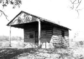 Log cabin with covered entrance and tree