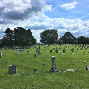 Monuments and gravestones in cemetery with trees and fence in the background