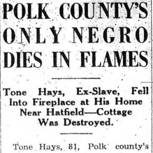 "Polk county's only Negro dies in flames" newspaper clipping