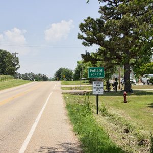 "Pollard" road sign and trees on two-lane road