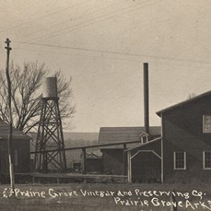 Multistory buildings with water tower and power lines