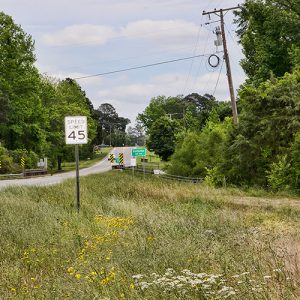 Road signs next to two-lane tree-lined road over bridge