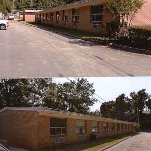 Two photographs of single-story brick residential buildings on paved parking lot