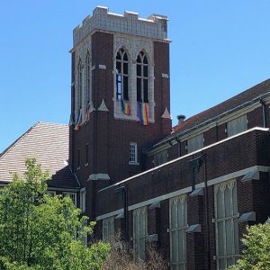 Multistory brick church building with tower