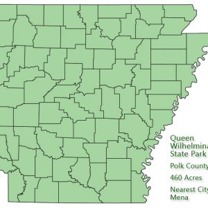 Arkansas map with red dot in Polk County and explanation in green text