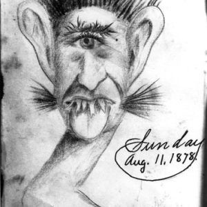 One-eyed face with big ears signed "Old Bill Cush" and dated "Sunday, August 11, 1878"