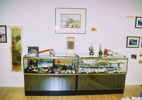 Glass display cases in room with framed pictures on the walls