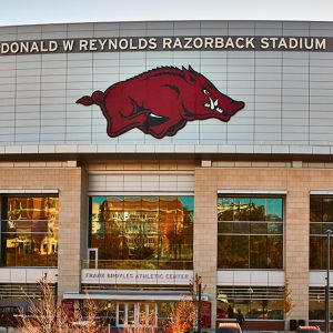 Football statium sign with Razorbacks logo