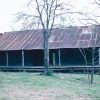 Abandoned cabin with rusted metal roof and bare trees in front yard