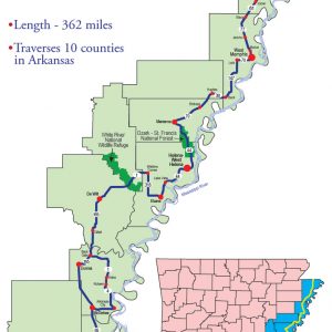 Scenic byway through multiple counties on map and explanation with blue text on white background with another map showing region