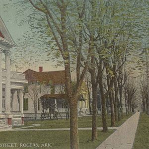 Multistory houses with covered porches on street with sidewalk running through rows of trees