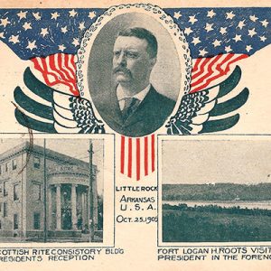 postcard showing three-story Masonic building, white man in mustache and glasses and suit surrounded by American flags, and fort with river