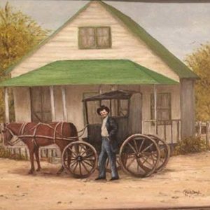 White man standing with horse drawn carriage in front of house with covered porch