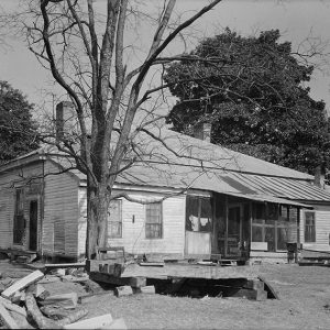 House with split wood in pile in front