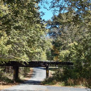 Side view of railroad bridge over rural road surrounded by trees