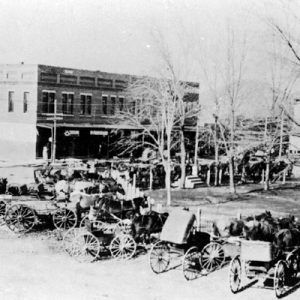 Town square with trees, buildings, and parked wagons