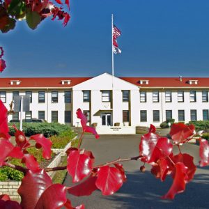 Long two story building with flag pole by entrance landscaping driveway foreground tree branches