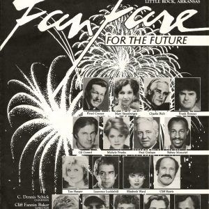 headshots of men and women with names below them on black and white "Fanfare for the Future" program cover