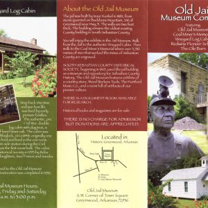 Brochure featuring log cabin, two-story stone building, map, wooden white church, and text boxes