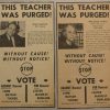 White man in suit and white woman in "This teacher was purged" newspaper advertisements