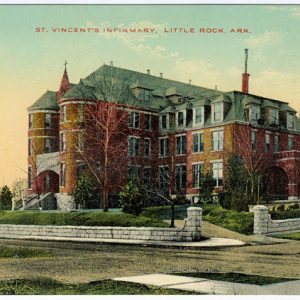 Postcard "St. Vincent's Infirmary Little Rock Arkansas" of large brick building street corner pedestrian signed