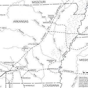 Political map of Arkansas and neighboring states showing historical trail routes with dotted lines