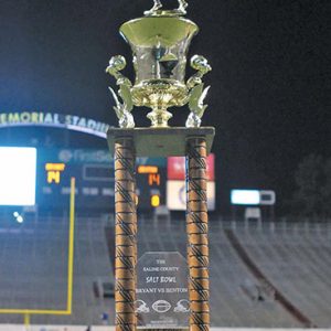 Close-up of trophy on grass in football stadium with goal scoreboard and stands in the background