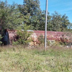 Overgrown abandoned arched hut building in field