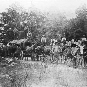 Group of white men with horses pulling boiler tank on wagon