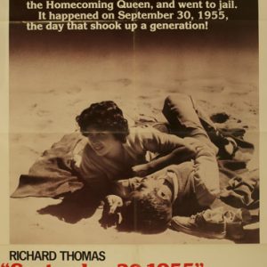 White man and woman lying on the ground with red white and black text explaining all the things that happened on September 30 "the day that shook up a generation"