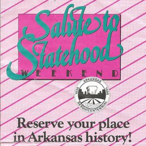 Pink and blue "Salute to Statehood weekend" cover with seal and black text