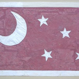 white crescent moon and stars on red flag