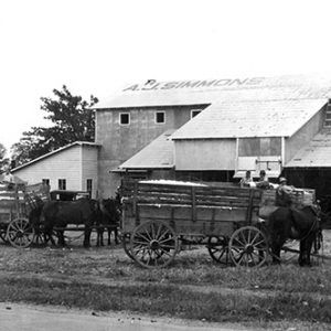 White men with horse drawn wagons at cotton gin building