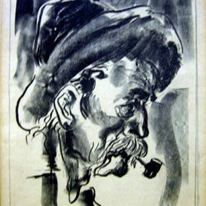 Old white man with hat and mustache smoking a pipe