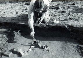 White man with brush working on dig site
