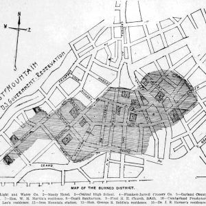 Hand drawn map with labeled streets and affected area shaded in