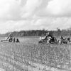 Farmers on tractors pulling harvester trailers in field