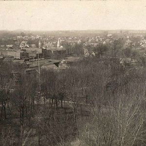 Looking over multistory town buildings and homes with trees in the foreground