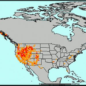 Map with red and orange dots in western Unites States Alaska and Hawaii