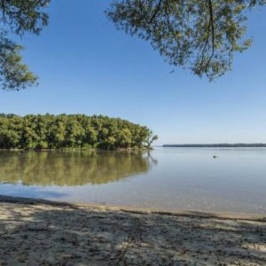 Looking over river from sandy shore with tree covered shores in the distance