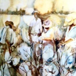 Painting of African-American men and women in hats and white clothes picking cotton