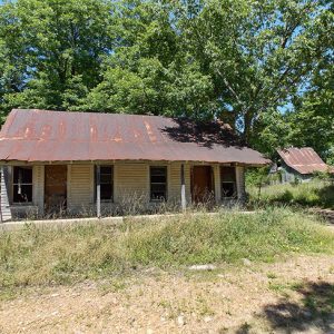 Single-Story house with covered porch and rusted metal roof with overgrown yard