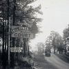 White woman in black standing next to "Tall Pines Motor Inn" sign with truck on road in the background