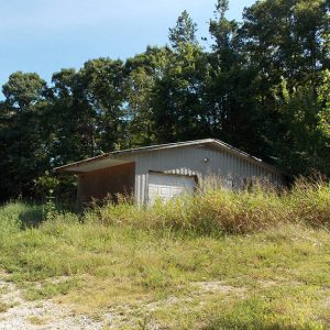 Garage building in overgrown field