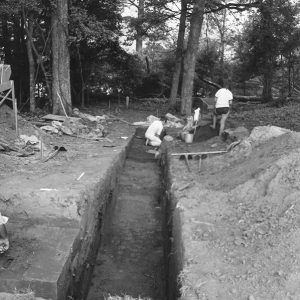 White women digging in trench at park